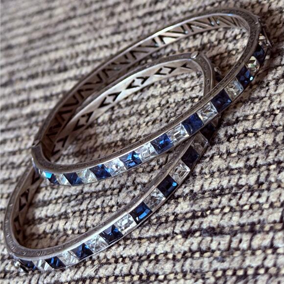 Vintage Sterling Silver Art Deco Blue Clear Paste Stones Hinged Bracelets- 2pc - Picture 2 of 6